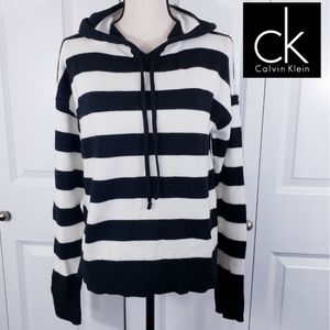 Calvin Klein Black White Striped Womens Hooded Sweater Size M